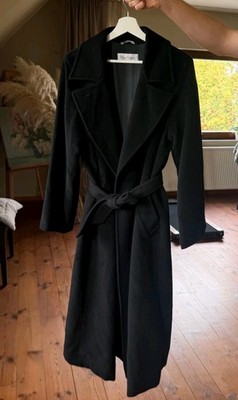 Max Mara Damen Mantel lang Wolle schwarz gefüttert mit Gürtel Gr. 38