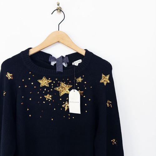Monsoon Serenity Star Jumper Size M 12 14 NEW Navy Blue Gold Sequin Festive Xmas - Picture 4 of 20