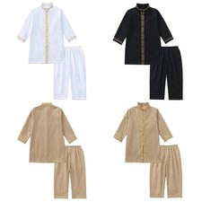 Boys Ethnic Style Beach Two Piece Robe Outfit Stage Performance Stand Collar