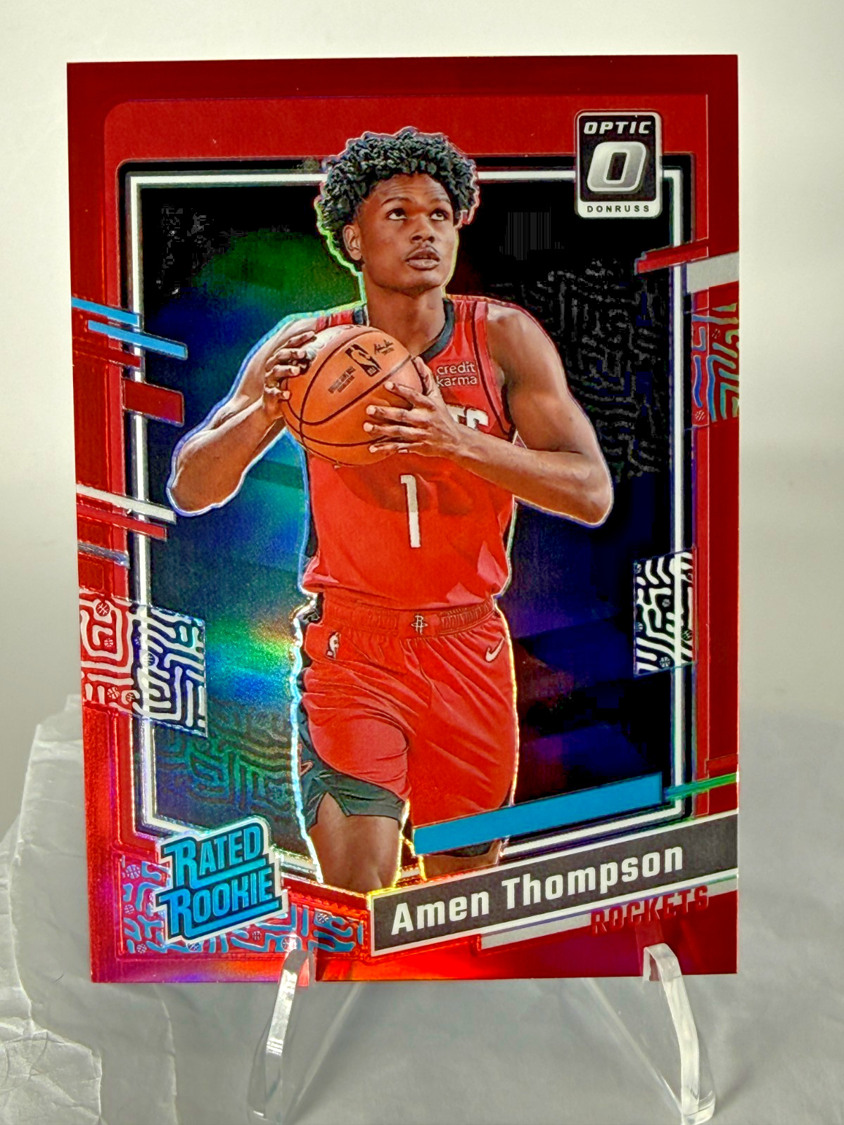 2023-24 Panini Donruss Optic #229 Amen Thompson Red Prizm RC /99 COLOR MATCH