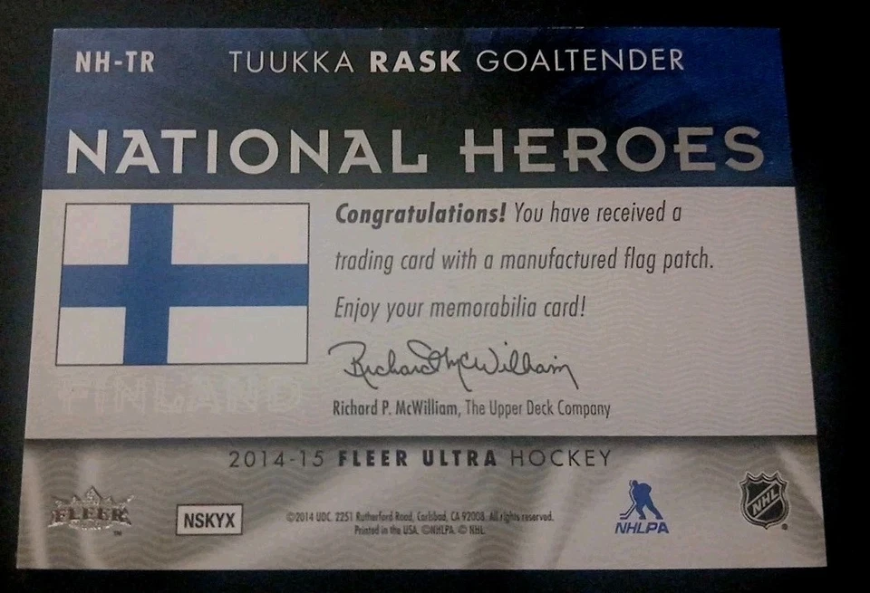 2014-15 Fleer Ultra National Heroes Manufactured Flag Tuukka Rask #NH-TR Patch - Image 2 of 2