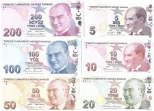 Turquía - Juego 6 billetes 5 10 20 50 100 200 liras 2020 - 2025 UNC Lemberg-Zp