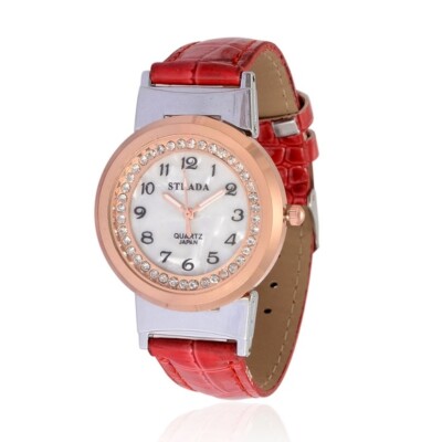 STRADA Watch Women's Faux Leather Red Band Stainless Steel Original Box