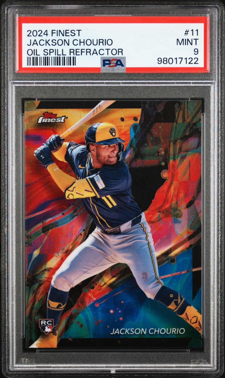 JACKSON CHOURIO 2024 TOPPS FINEST OIL SPILL REFRACTOR SSP #11 (RC) PSA 9 POP 1!