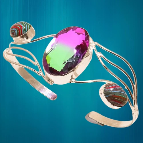 Bi-Color Tourmaline, Rainbow Calsilica Gemstone 925 Sterling Silver Cuff p041 - Image 3 of 4