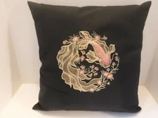 18" x 18" Graceful Koi Embroidered On Black 9.3 Ounce Canvas Pillow Cover Only