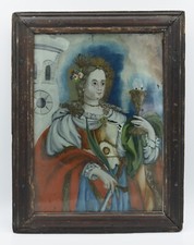 Barocke Hinterglasmalerei Hinterglasbild - Hl. Barbara orig. 18. Jh.