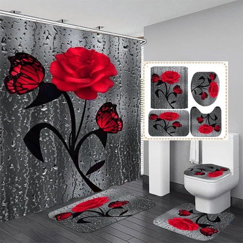 Red Rose Bathroom Non-slip Mat Set Waterproof Shower Curtain Toilet Bath Mat - Bild 26 von 40