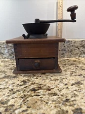 Antique Vintage American Coffee Grinder Dovetailed Wood Base Mushroom Wood Knob