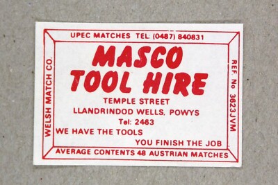 Matchbox label Masco Tool Hire Temple Street Llandrindod Wells Powys MK935