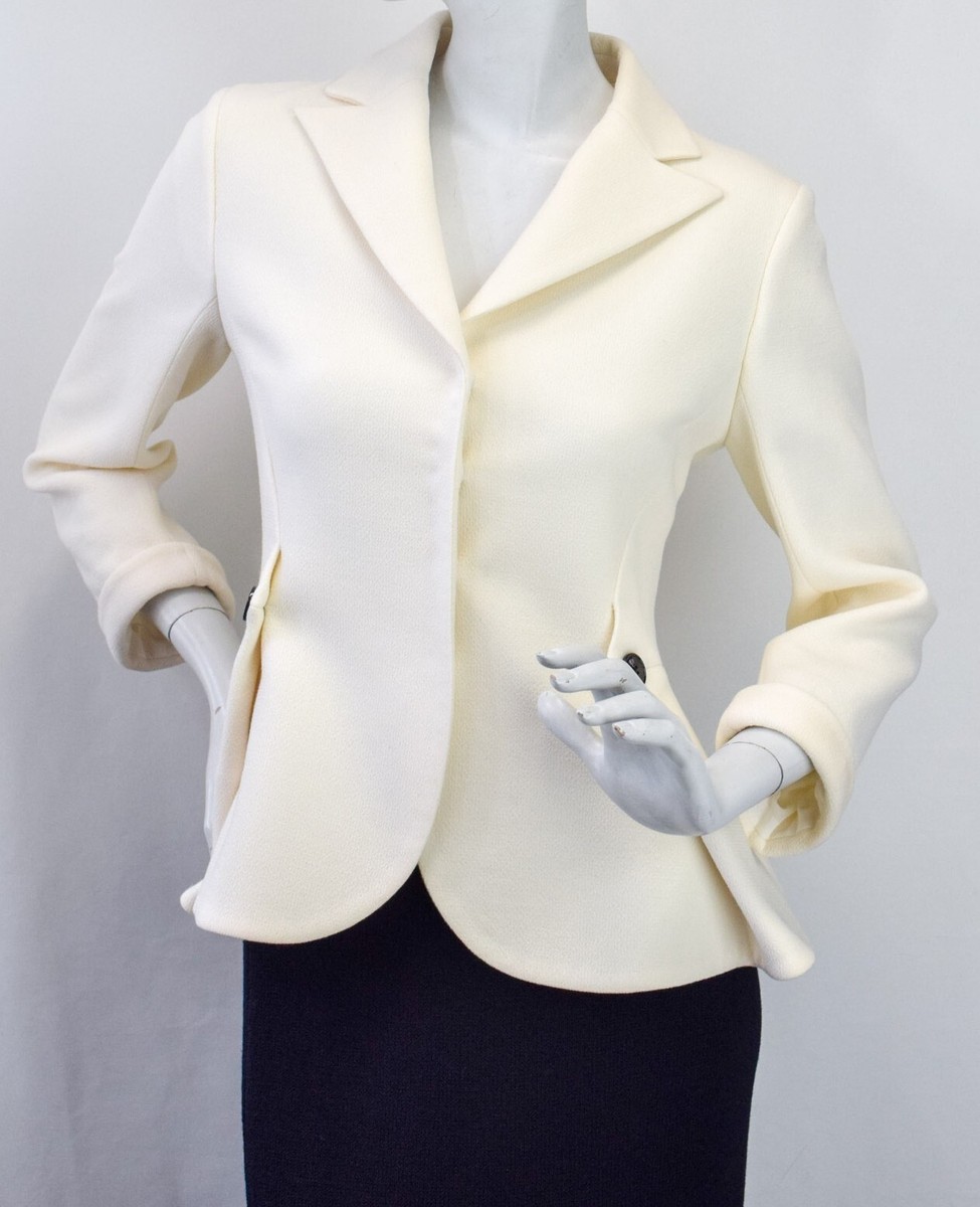 CHRISTIAN DIOR Wool Bar Jacket 10 Ivory Black Buttons Rolled CHRISTIAN DIOR Wool Bar Jacket 10 Ivory Black Buttons Rolled