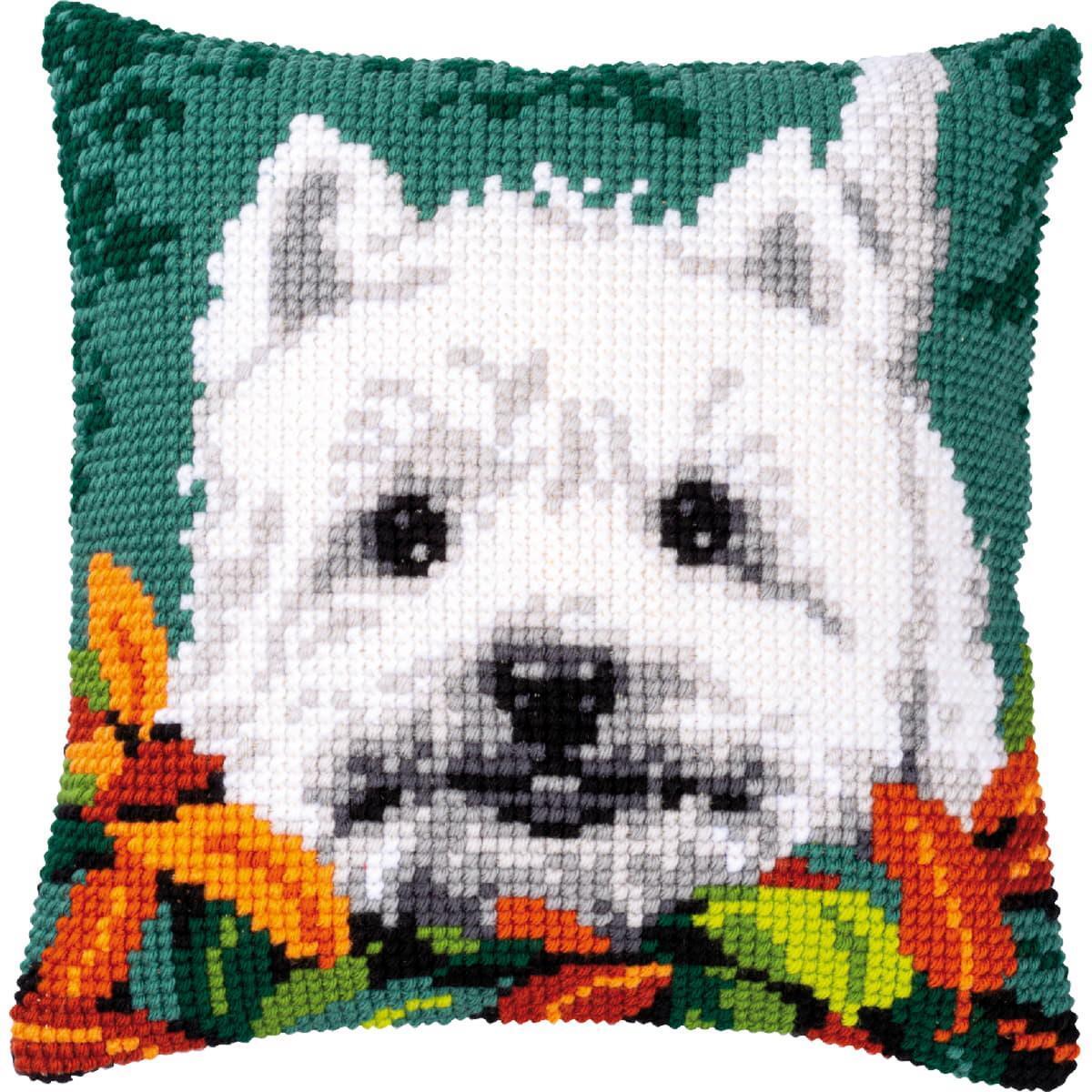 Vervaco stamped cross stitch kit cushion ""Westie zwischen Blättern"", 40x40cm, DI