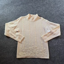 Vintage Lisa Sweater Womens White Wool Angora Embroidery Pearls Cottage Grandma