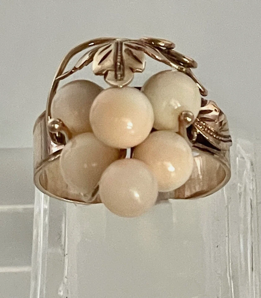 Anillo Vintage Oro 14K Coral Oro Rosa Racimo de Uva Hoja Floral 5.5 g Foto 3 de 4