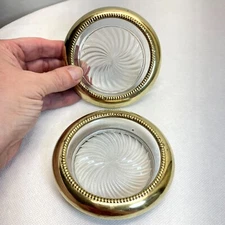 VTG Set of 2 Glass Crystal Coasters Ashtrays Silver Plated Beaded Decorated Rims