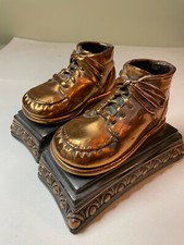 Vintage Copper Colored Bronze Baby Shoes on Bases Bookends 1954