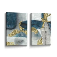 Abstract Geometric Wall Art Bedroom: 2 Piece Navy Blue Shape Pattern Canvas P...