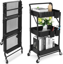 Foldable 3 Tier Metal Utility Rolling Cart, Folding Mobile Multi-Function Storag