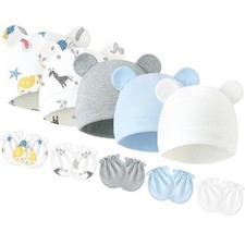 Newborn Baby Hats and Mittens Set, Cotton Infant Baby Boy Girl Bear Blue multi
