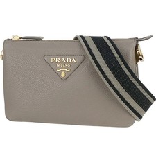 Auth Prada Shoulder bag Vitello DAINO SOFT Leather 1BH194 Gray GHW Women Men