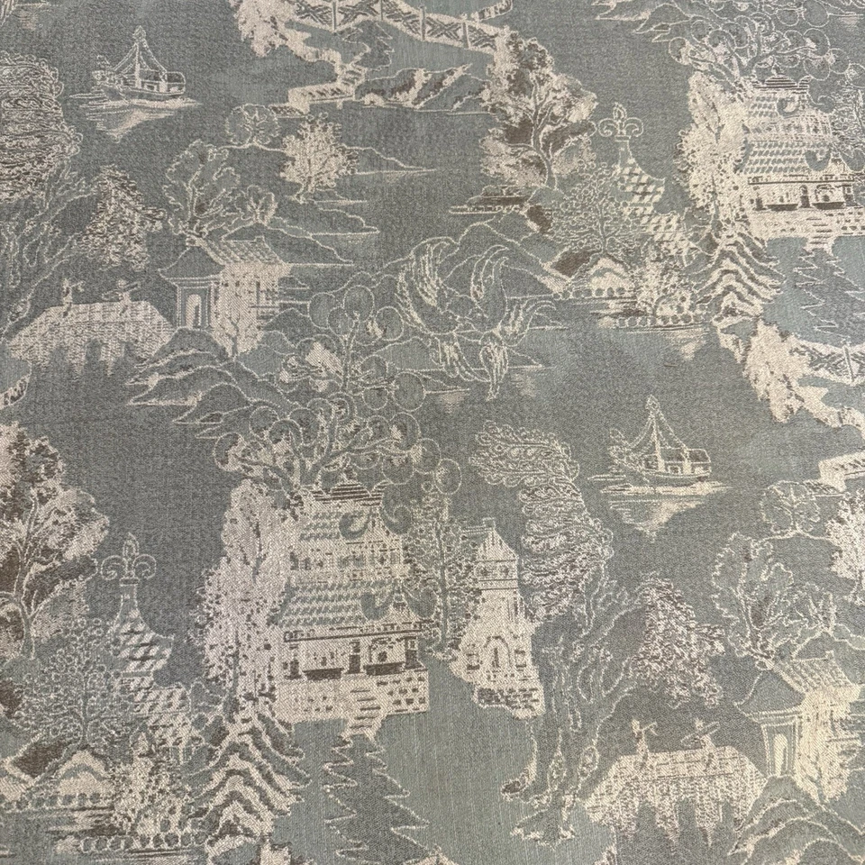 "Tela de tapicería reversible Chinoiserie pagoda jacquard asiático bronceado salvia 36""x80""" Foto 2 de 4