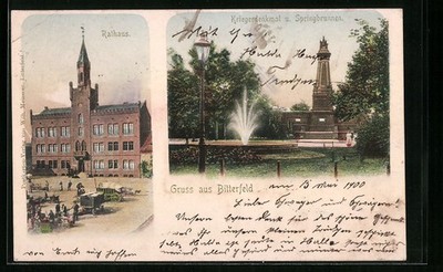 Bitterfeld, Rathaus, Kriegerdenkmal mit Springbrunnen, Ansichtskarte 1900 