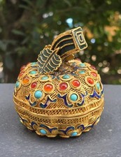 Vtg Filigree Brass Incense Holder Pumpkin Turquoise Carnelian Citrine Stones