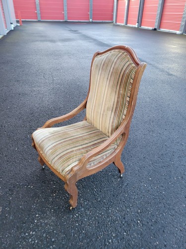 Antique Carved Maple Upholstered Low Graceful Arm Chair Beautiful Vintage Chair - Picture 4 of 16