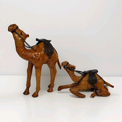 Handcrafted Leather Camel Figurines Set Of 2 With Saddles & Reins