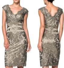 Tadashi Shoji Sequin Lace Sheath Dress Smoked Pear Elegant Luxury Size 8