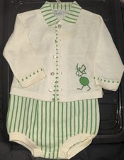 VTG 1970s Doe-Spun Two Piece Baby Boy Shorts Cardigan Green Bug Sz 12 Months