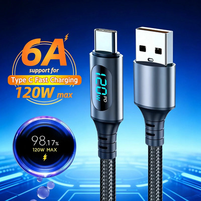 6A 120W Schnellladekabel USB-A zu Typ-C Nylon mit LED für Xiaomi & Samsung