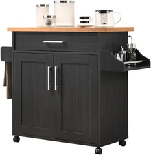 Hodedah Rolling Wood Kitchen Island Cart with Spice Rack, Towel Rack, Utensil