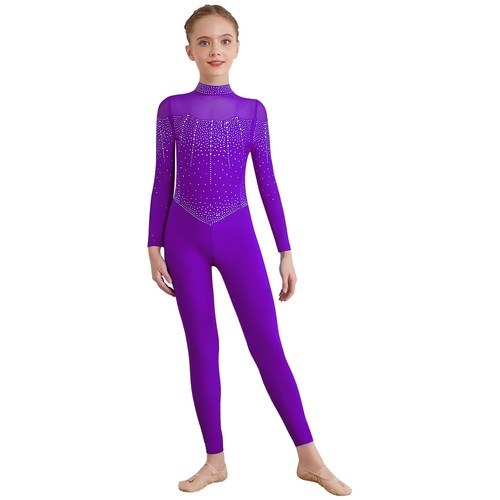 Kids Girls Leotard Sports Bodysuit Full Body Jumpsuit Ballet Mock Neck Shiny - Picture 32 of 36