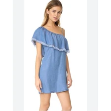 Aqua One-Shoulder Chambray Tencel Ruffle Denim Mini Dress Blue Size Small