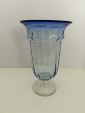 VTG 1960’s Large Vintage Seeded Bubble Art Glass  Vase w Sapphire Blue Rim 10”