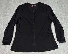 Urbane Ultimate Scrub Jacket Womens L Black Stretch Button Up Pockets Knit Cuffs