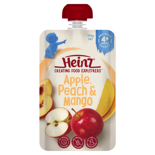 Heinz Food Pouch 120g - Apple, Peach & Mango Flavour Food Explorers 4+ Months - Afbeelding 1 van 2