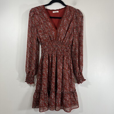 Max Studio Burnt Orange Floral Long Sleeve Western Boho Peasant Dress Women's