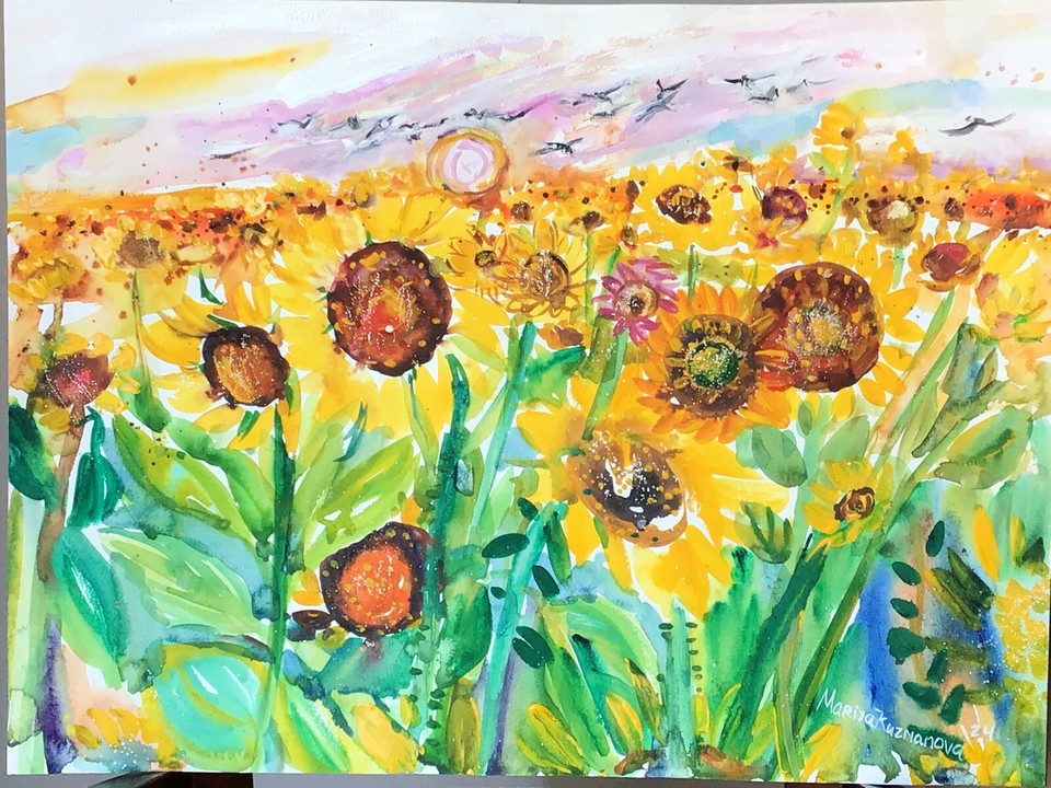 sunflower-fields-original-watercolor-painting-ebay