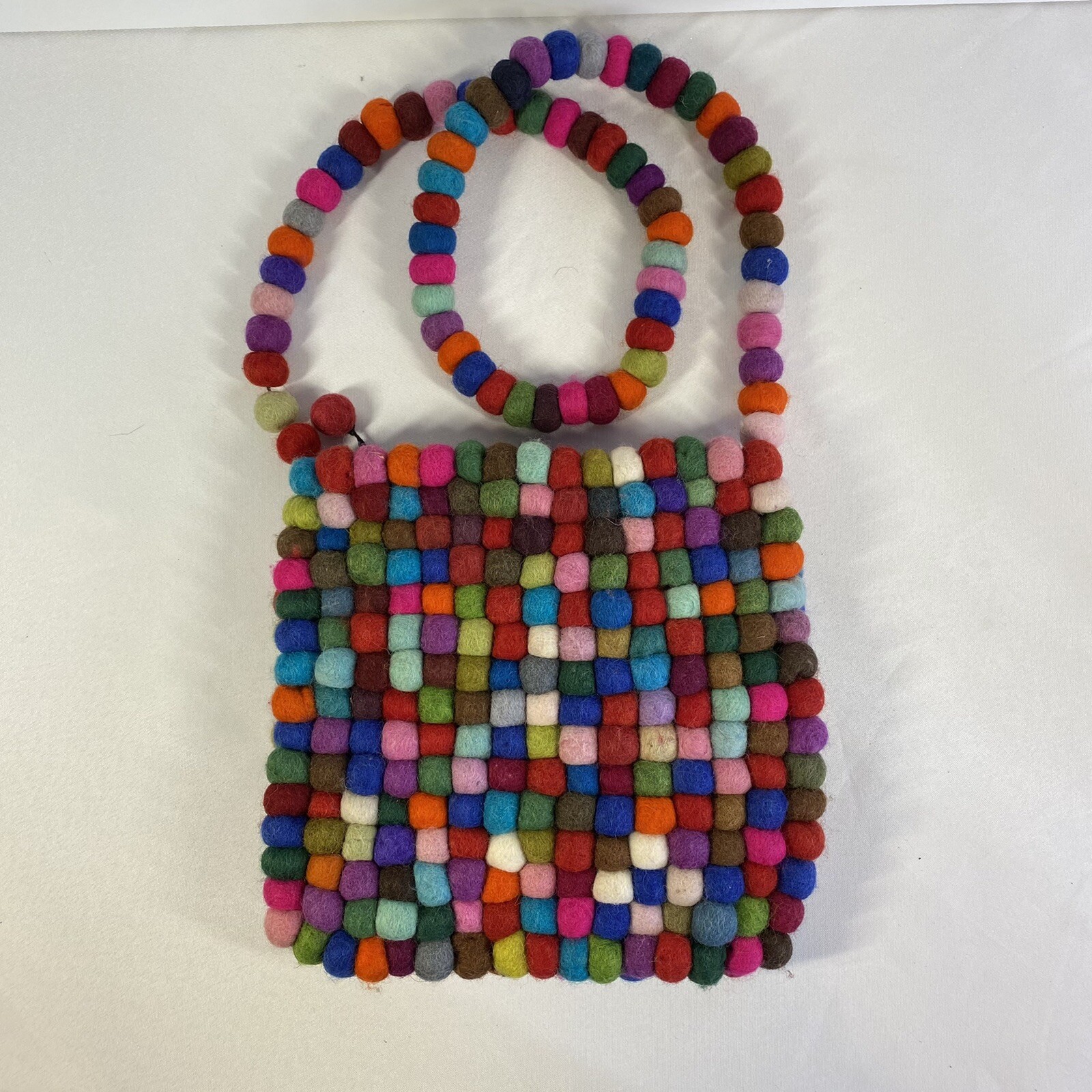 Felted Wool Ball Purse Multi Colored Made In Nepal Crossbody Bag Boho