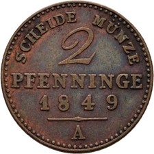 Prussia Friedrich Wilhelm 2 Pfennig 1849 A Copper 3g Original Coin #IAL145