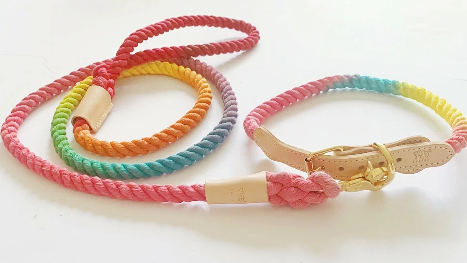 BULPET Eco Friendly Cotton Handmade Dog Ombre Rainbow Rope Collar and Leash - Image 3 of 4