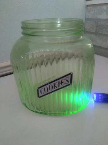 Vintage Anchor Hocking Hoosier Green Uranium Depression Glass Cookie Jar No Lid