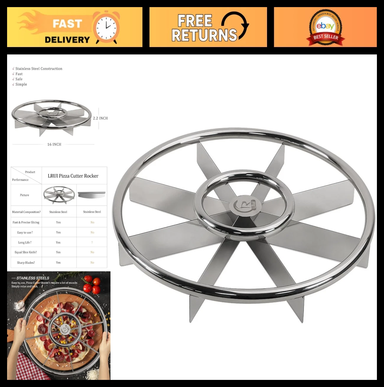 16" Heavy Duty Stainless Steel Pizza Cutter - 8 Slice Round Slicer Tool
Opens in a new window or tab