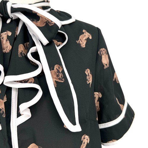 The Moon Dachshund Dog Print Bow Neck Retro Style Blouse Black Size Large - Picture 3 of 22