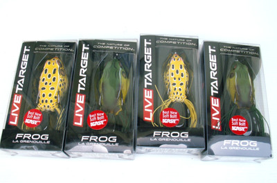 LOT OF FOUR LIVE TARGET FROG LURES, TWO ARE 2-5/8'' 3/4 oz TWO ARE 2-1/4'' 5/8 oz