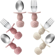 PandaEar 6 Pack Stainless Steel Toddler Spoons and Fork Feeding Pink/Beige 