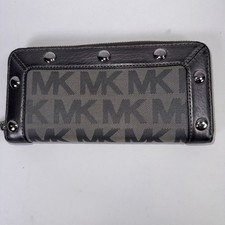 Michael Kors Delancy Signature MK Logo Leather Canvas Pewter Wallet Studs Clutch