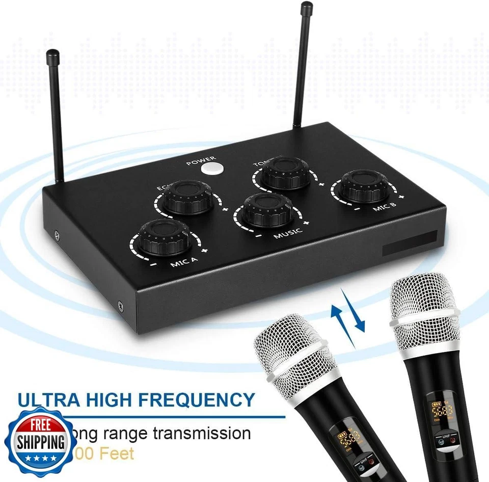 Portable Karaoke Microphone Mixer System Set with Dual UHF Wireless Mic, 3.5m - Image 4 of 4